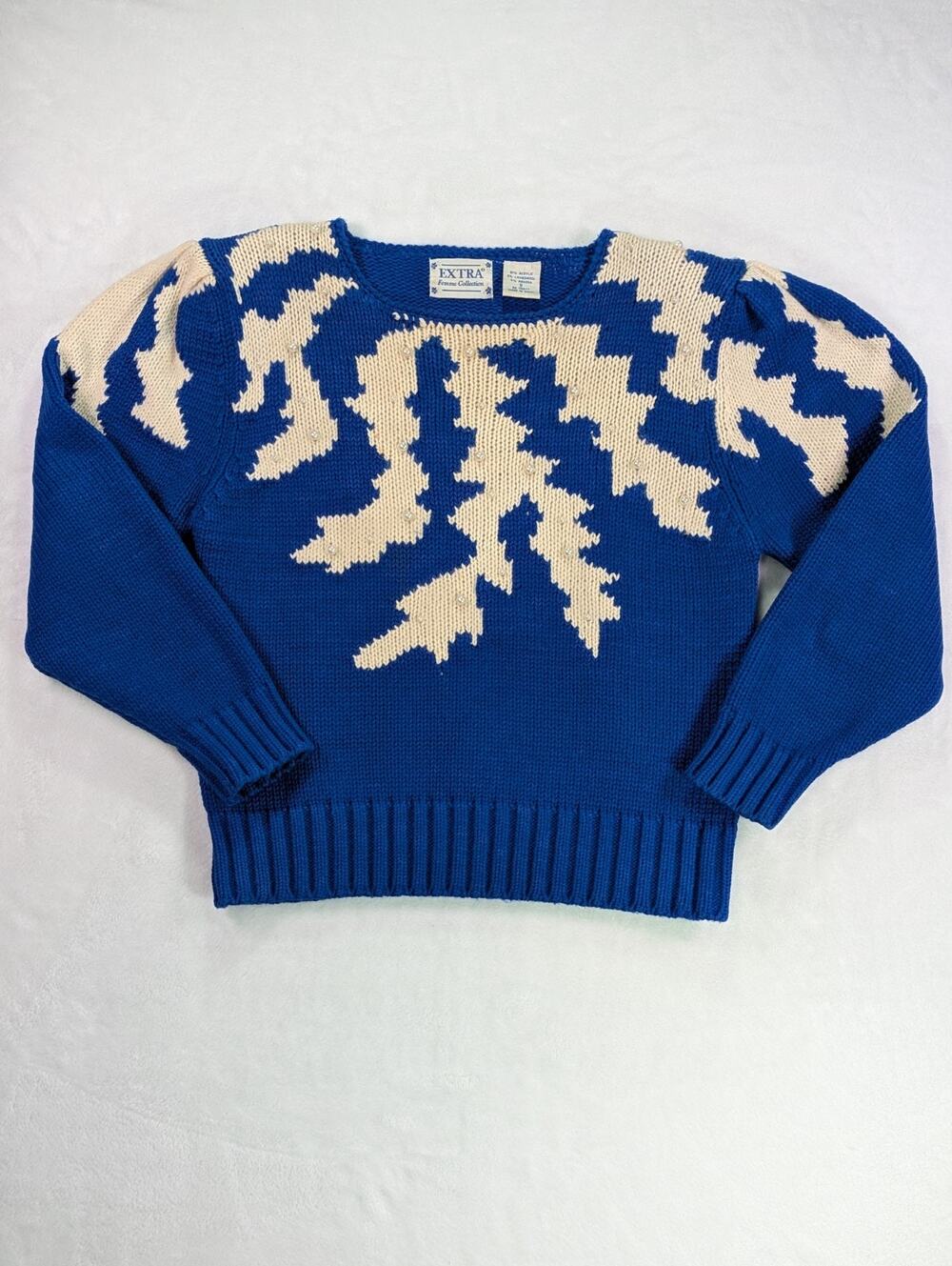 VTG 80s Extra Femme Sweater Small Blue Cream Abstract Knit Pearl Beaded Boxy